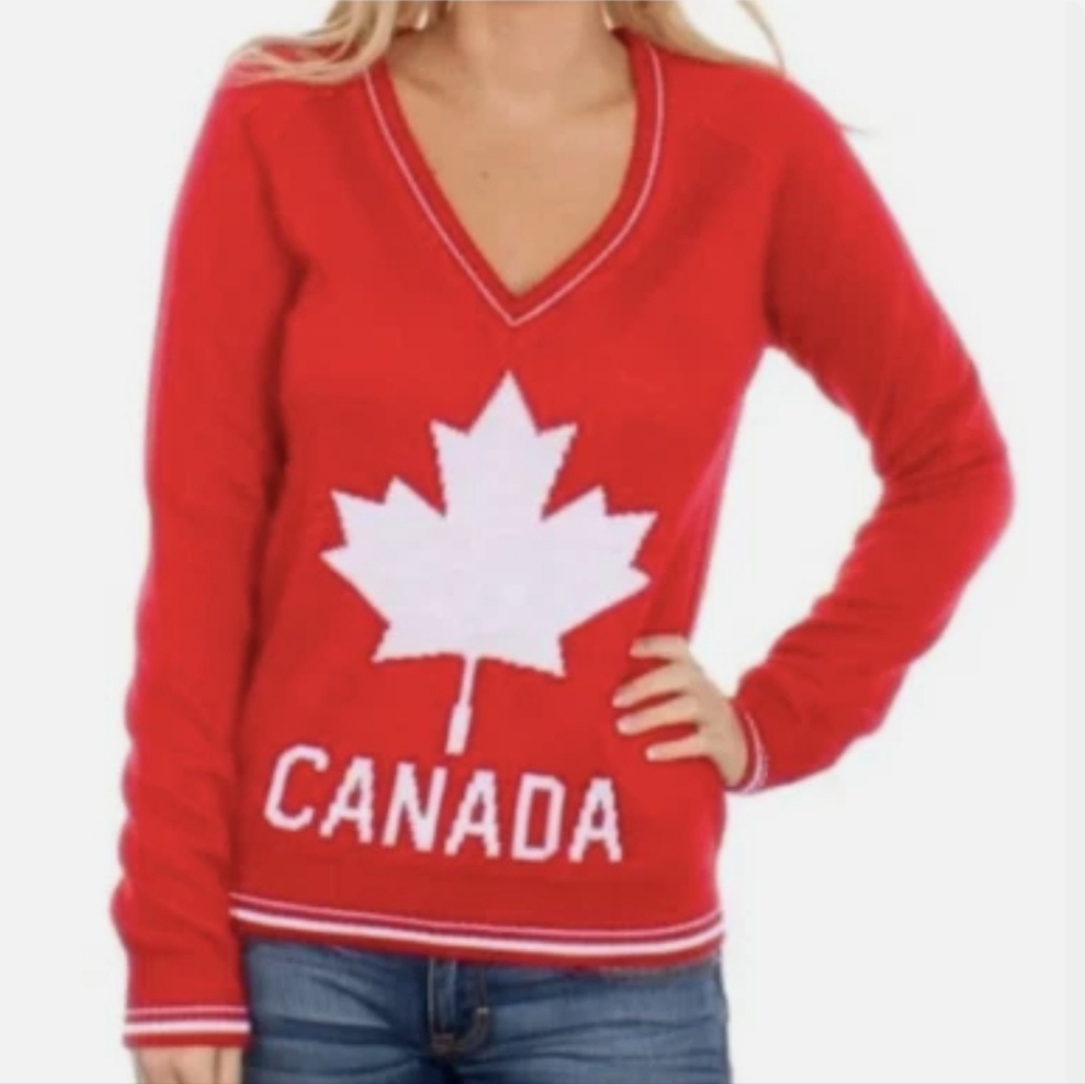 Tipsy Elves Canada Maple Leaf V-Neck Sweater Size Medium